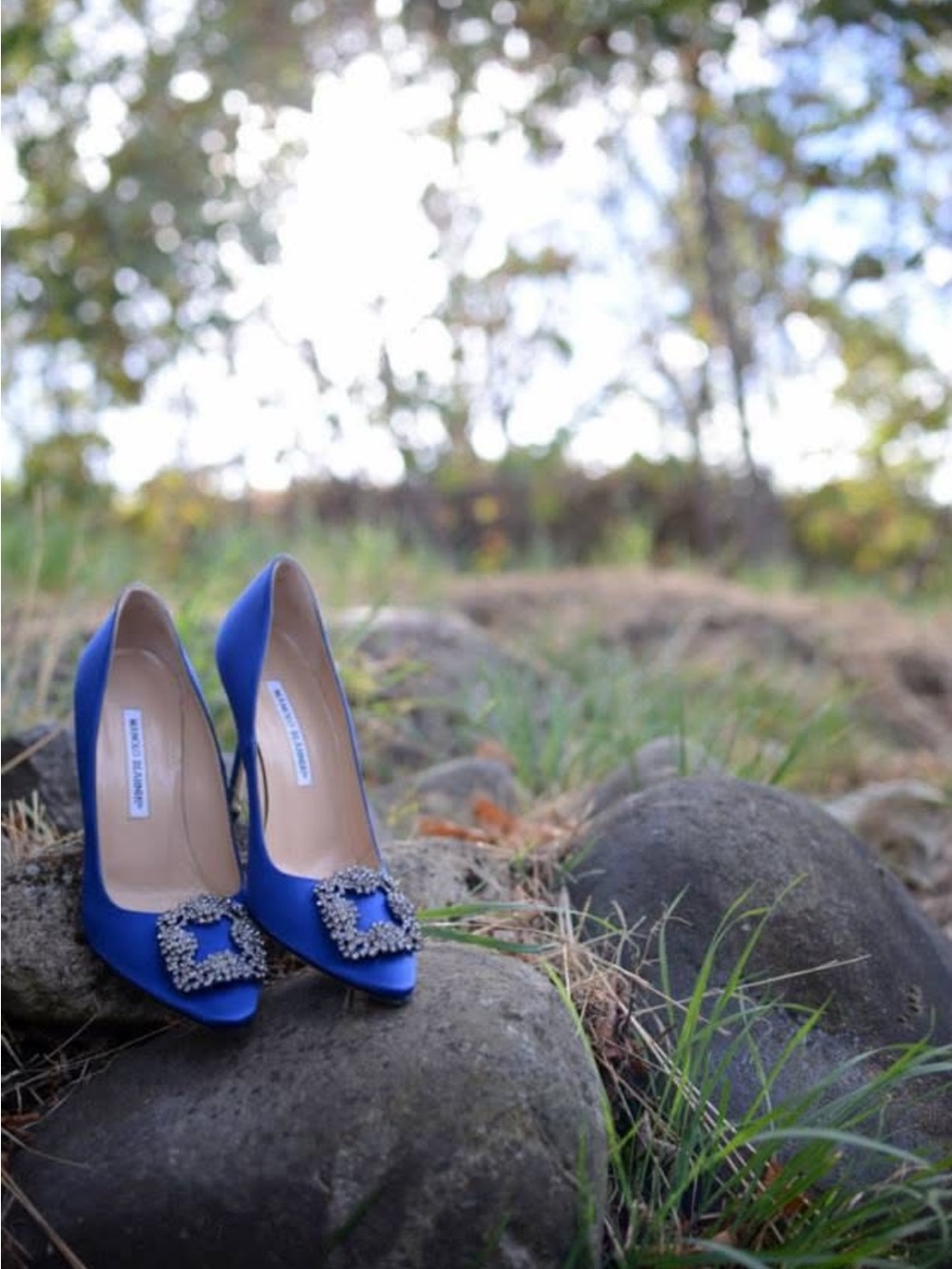 Manolo Blahnik Royal Blue Satin Crystal-Buckled Pumps